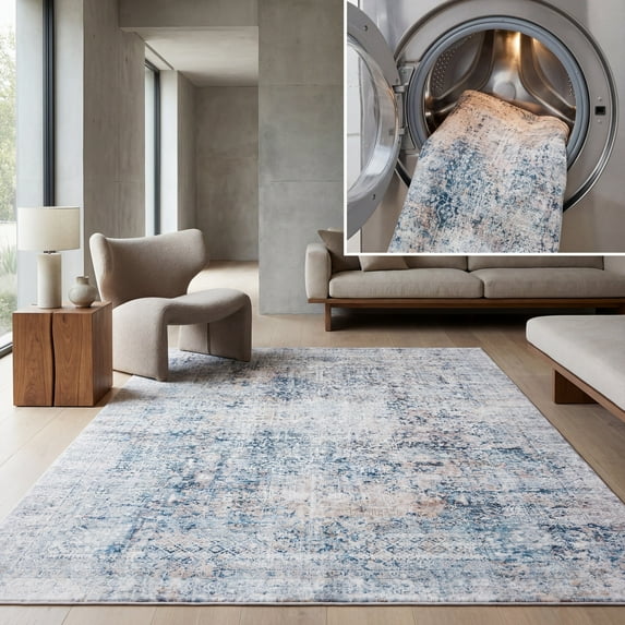 SAFAVIEH Arizona Carson Distressed Polyester Machine Washable Area Rug, Navy/Beige, 9' x 12'