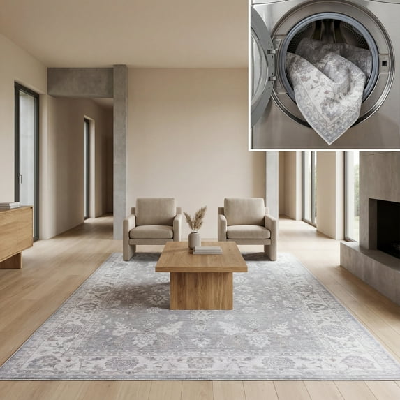 SAFAVIEH Arizona Chadwick Floral Machine Washable Area Rug, Gray/Ivory, 6' x 6' Square