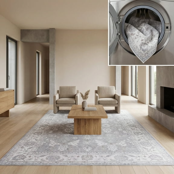 SAFAVIEH Arizona Chadwick Floral Machine Washable Area Rug, Grey/Ivory, 9' x 12'