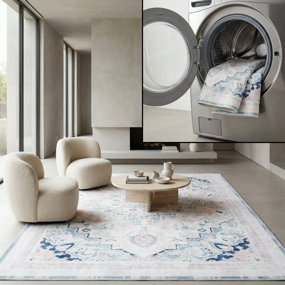 SAFAVIEH Arizona Desi Medallion Polyester Area Rug, Ivory/Aqua, 4' x 6'