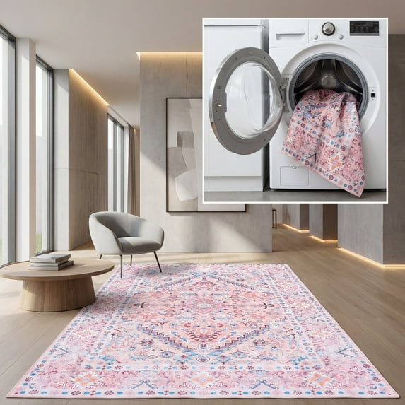 SAFAVIEH Arizona Dogon Oriental Machine Washable Area Rug, Beige/Pink, 6' x 9'