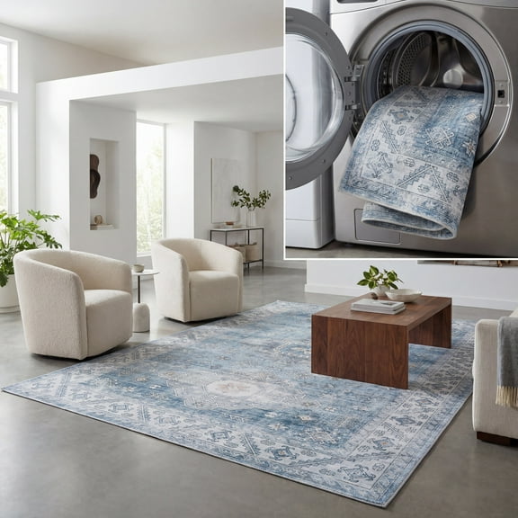 SAFAVIEH Arizona Estelle Geometric Machine Washable Area Rug, Blue/Light Blue, 8' x 10'