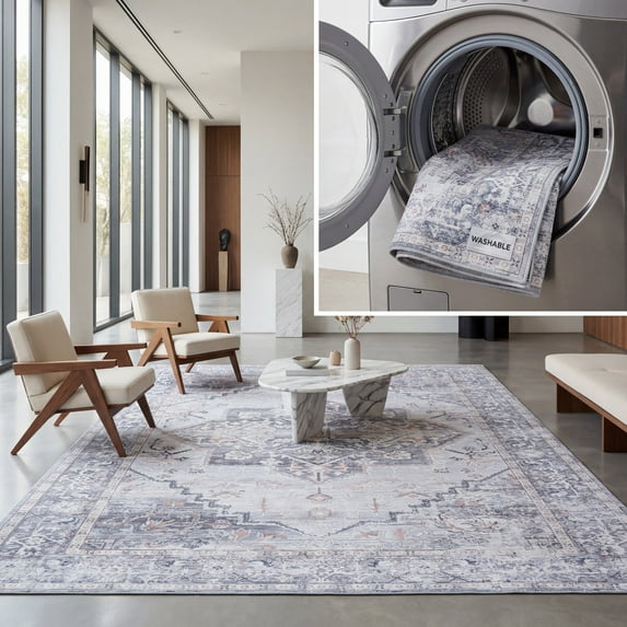 SAFAVIEH Arizona Fredrick Distressed Machine Washable Area Rug, Gray/Light Gray, 6' x 9'