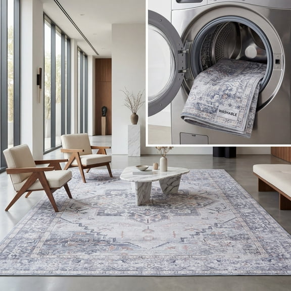 SAFAVIEH Arizona Fredrick Distressed Machine Washable Area Rug, Grey/Light Grey, 8' x 10'