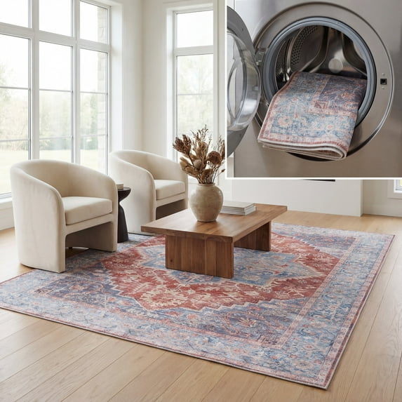 SAFAVIEH Arizona Fredrick Distressed Machine Washable Area Rug, Light Blue/Rust, 8' x 10'