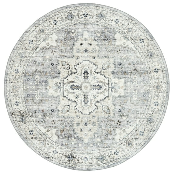 SAFAVIEH Arizona Gorica Distressed Polyester Machine Washable Area Rug, Light Grey/Beige, 8' x 8' Round