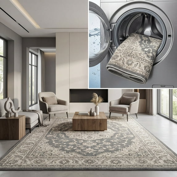 SAFAVIEH Arizona Gorica Distressed Polyester Machine Washable Area Rug, Light Grey/Beige, 9' x 12'