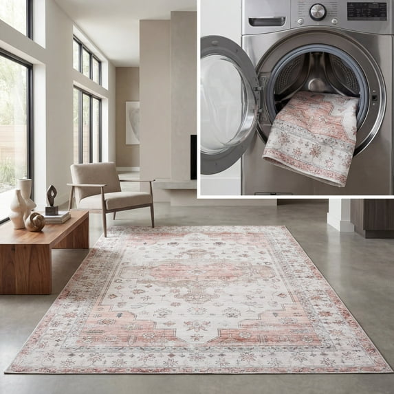SAFAVIEH Arizona Hoyt Medallion Machine Washable Area Rug, Beige/Rust, 9' x 12'