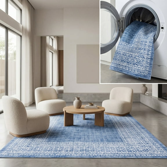 SAFAVIEH Arizona Laidley Distressed Polyester Area Rug, Blue/Ivory, 8' x 10'