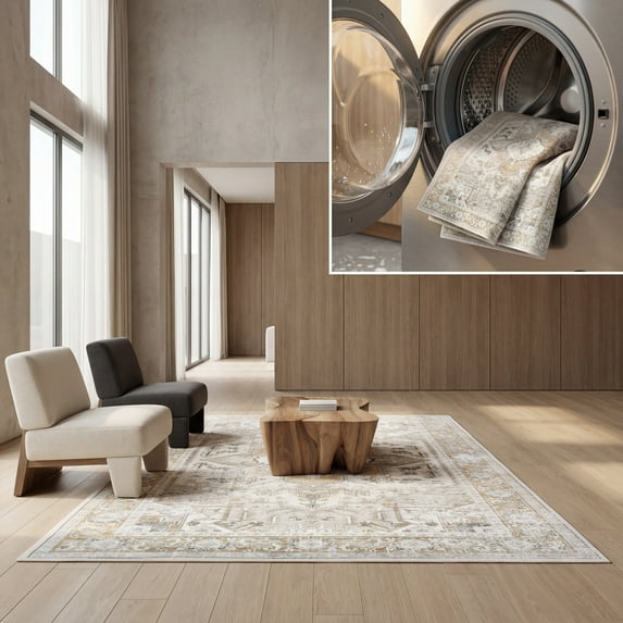 SAFAVIEH Arizona Lucius Oriental Machine Washable Area Rug, Beige/Gold, 6' x 6' Square