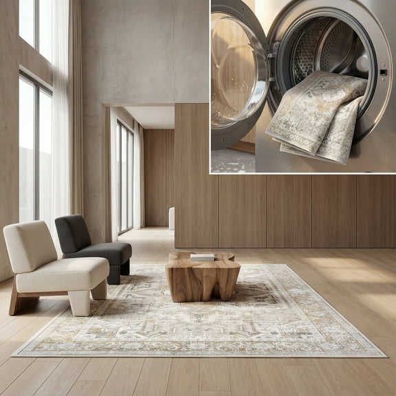 SAFAVIEH Arizona Lucius Oriental Machine Washable Area Rug, Beige/Gold, 8' x 10'