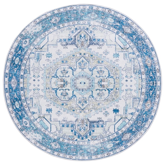SAFAVIEH Arizona Merrilyn Oriental Machine Washable Area Rug, Beige/Blue, 6' x 6' Round