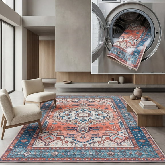 SAFAVIEH Arizona Merrilyn Oriental Machine Washable Area Rug, Rust/Navy, 9' x 12'