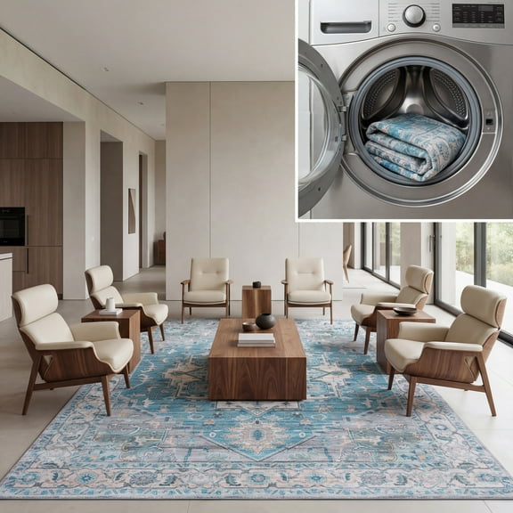 SAFAVIEH Arizona Mia Medallion Machine Washable Area Rug, Grey/Turquoise, 6' x 6' Square