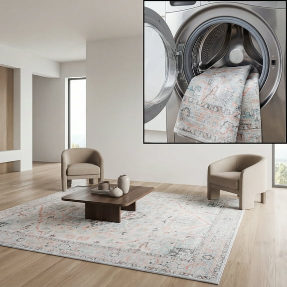 SAFAVIEH Arizona Mia Medallion Machine Washable Area Rug, Light Grey/Light Green, 5' x 8'