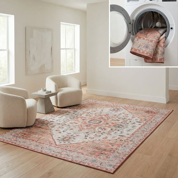 SAFAVIEH Arizona Mia Medallion Machine Washable Area Rug, Light Rust/Beige, 3' x 5'