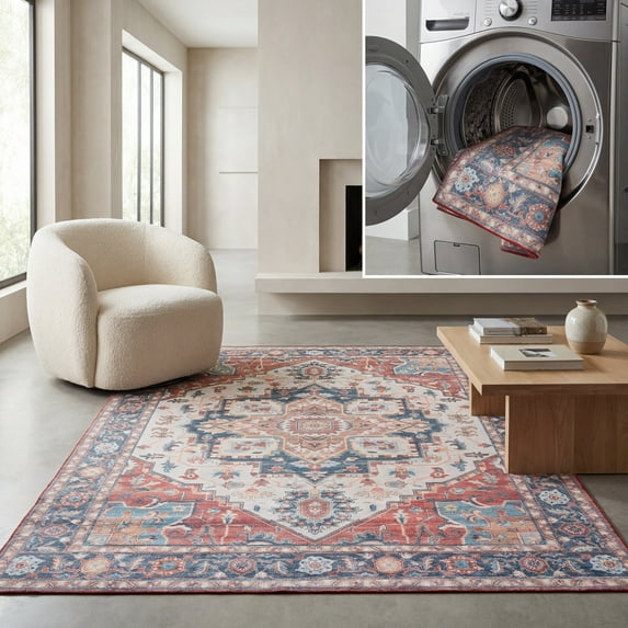 SAFAVIEH Arizona Mia Medallion Machine Washable Area Rug, Rust/Blue, 6' x 6' Square