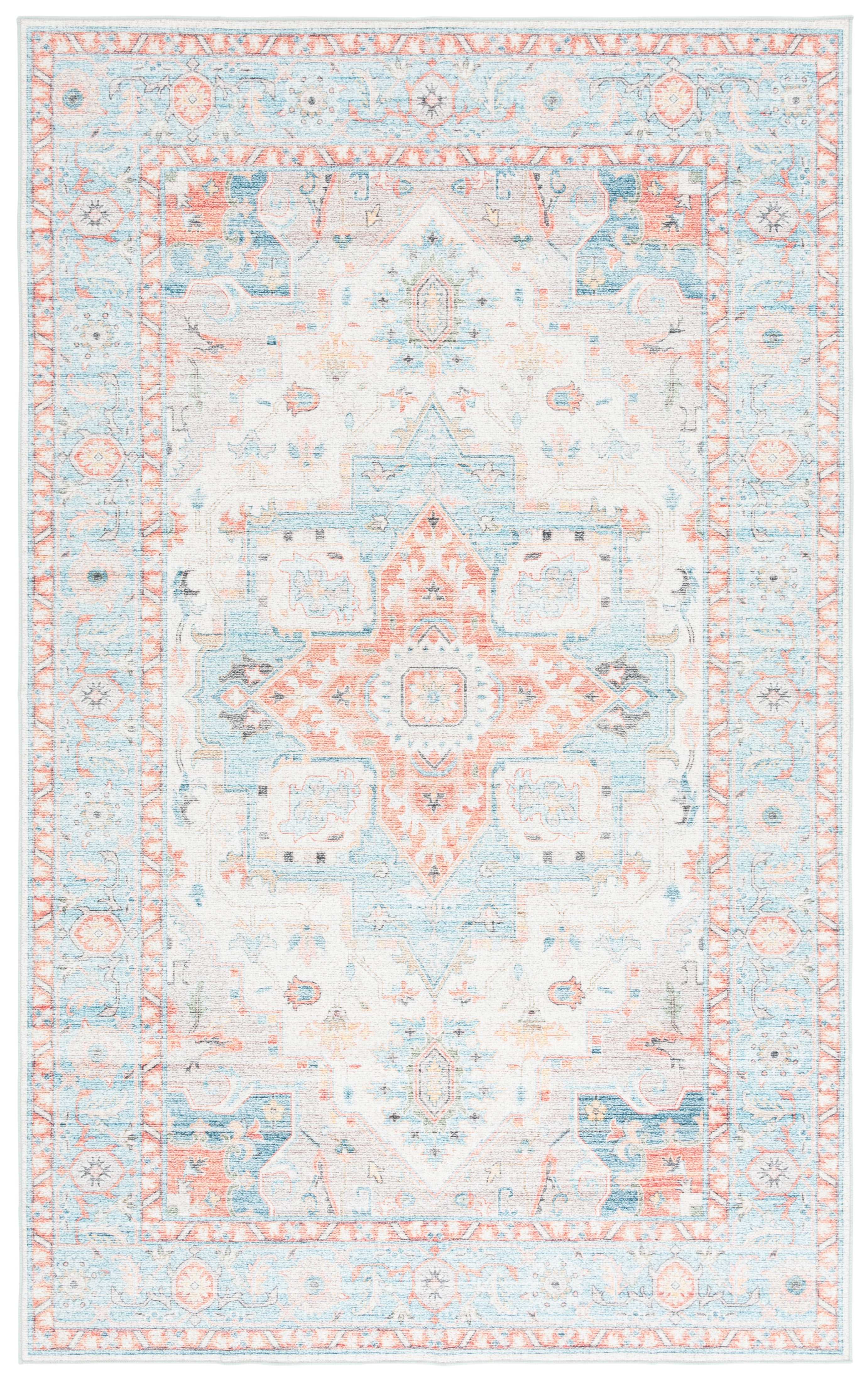 Turquoise and Rust Synthetic 5' x 8' Washable Area Rug