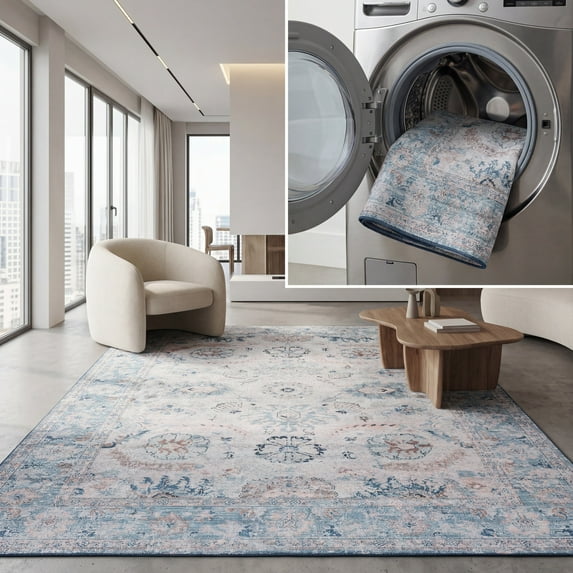SAFAVIEH Arizona Oralee Oriental Machine Washable Area Rug, Blue/Beige, 3' x 5'