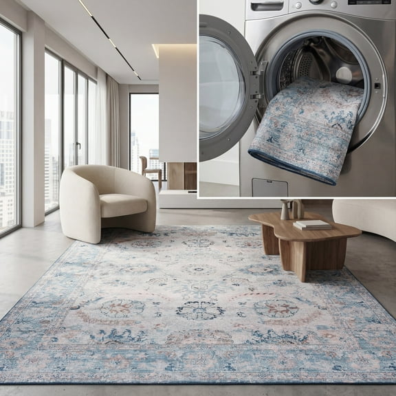 SAFAVIEH Arizona Oralee Oriental Machine Washable Area Rug, Blue/Beige, 8' x 10'