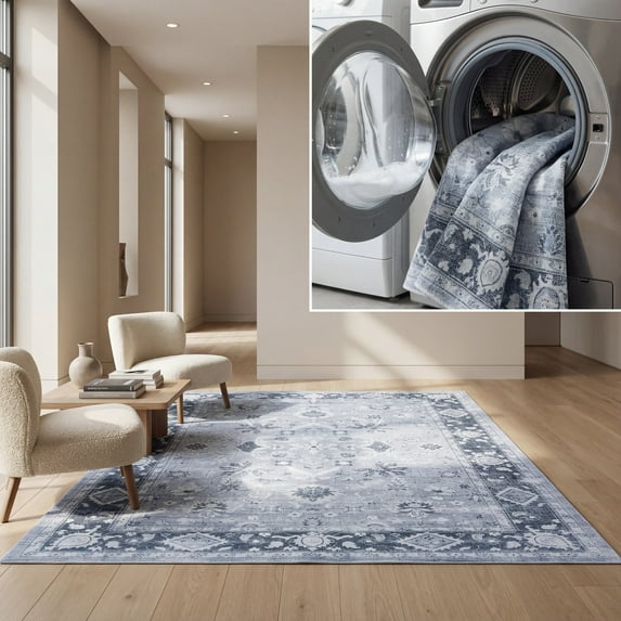 SAFAVIEH Arizona Orville Oriental Machine Washable Area Rug, Light Grey/Grey Green, 6' x 6' Square