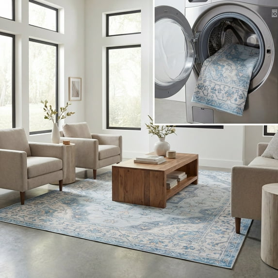 SAFAVIEH Arizona Parker Medallion Polyester Area Rug, Light Blue/Ivory, 3' x 5'