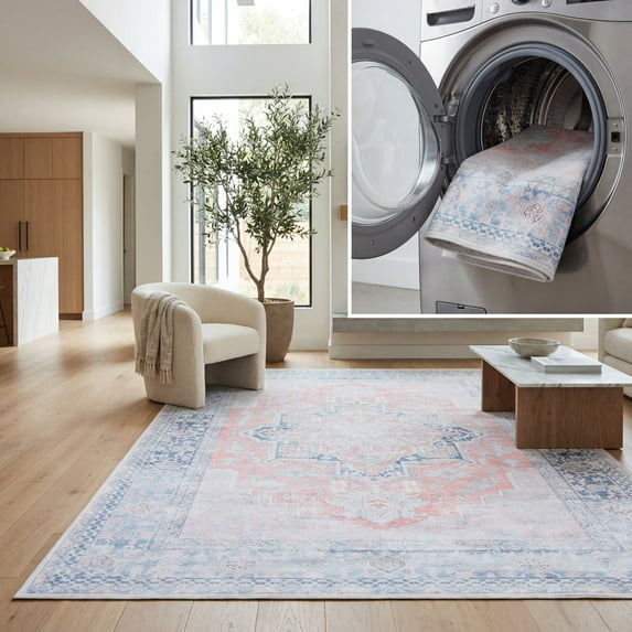 SAFAVIEH Arizona Phelim Floral Machine Washable Area Rug, Rust/Navy, 5' x 8'