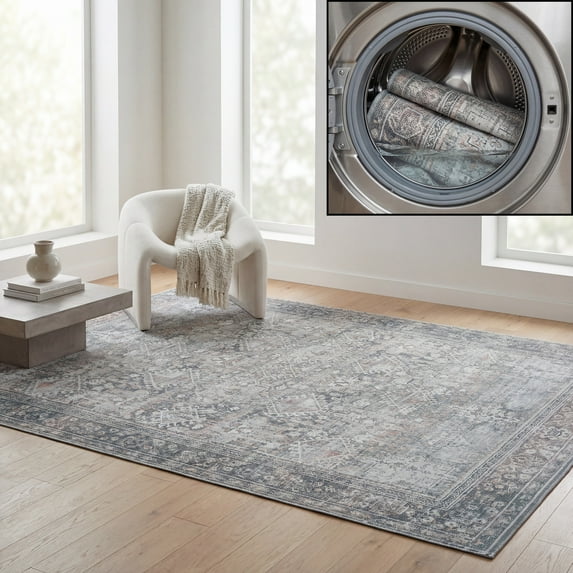 SAFAVIEH Arizona Phylliss Distressed Machine Washable Area Rug, Dark Sage/Ivory, 4' x 6'