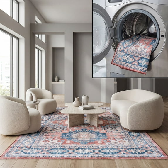 SAFAVIEH Arizona Reannon Oriental Polyester Machine Washable Area Rug, Blue/Rust, 8' x 10'