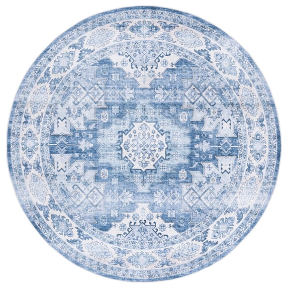 SAFAVIEH Arizona Reannon Oriental Polyester Machine Washable Area Rug, Light Blue/Blue, 6' x 6' Round