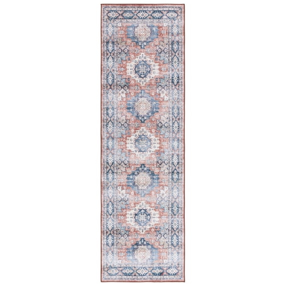 SAFAVIEH Arizona Reannon Oriental Polyester Machine Washable Runner Rug, Blue/Rust, 2'6" x 8'