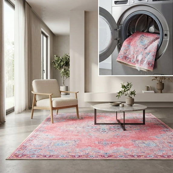 SAFAVIEH Arizona Rita Oriental Machine Washable Area Rug, Pink/Beige, 3' x 5'