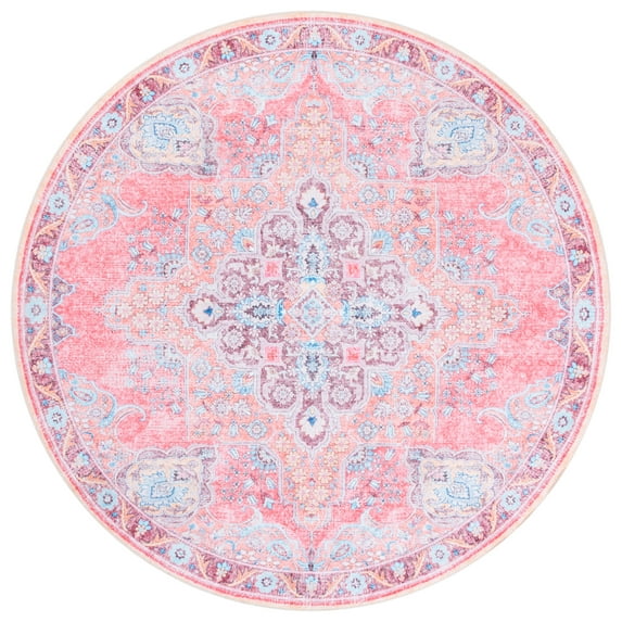 SAFAVIEH Arizona Rita Oriental Machine Washable Area Rug, Pink/Beige, 6' x 6' Round