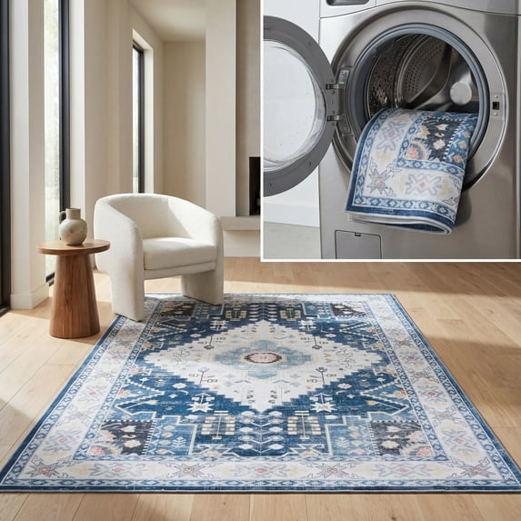 SAFAVIEH Arizona Roderick Oriental Machine Washable Area Rug, Navy/Ivory, 3' x 5'