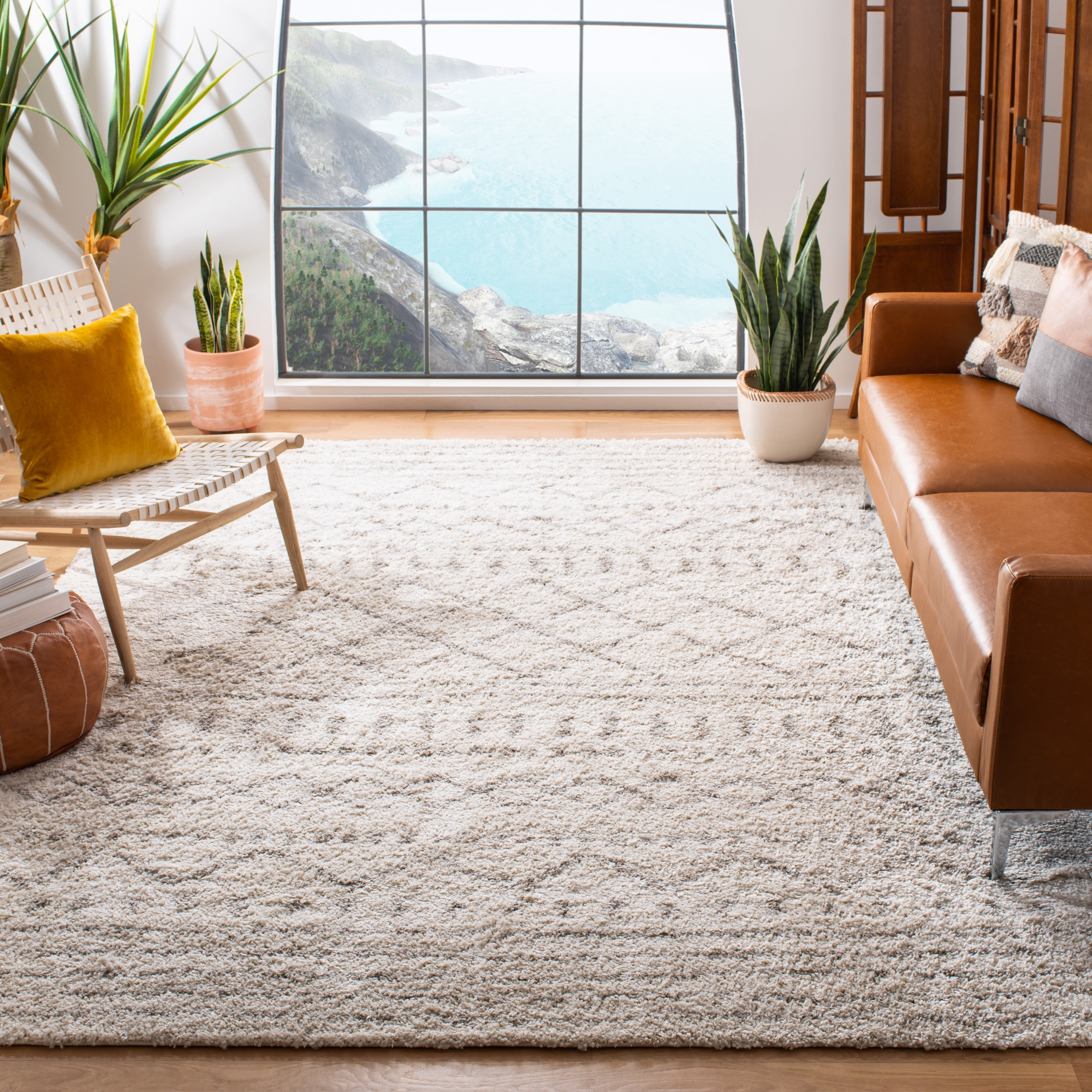 Ivory and Beige Square Shag Area Rug 6'7"