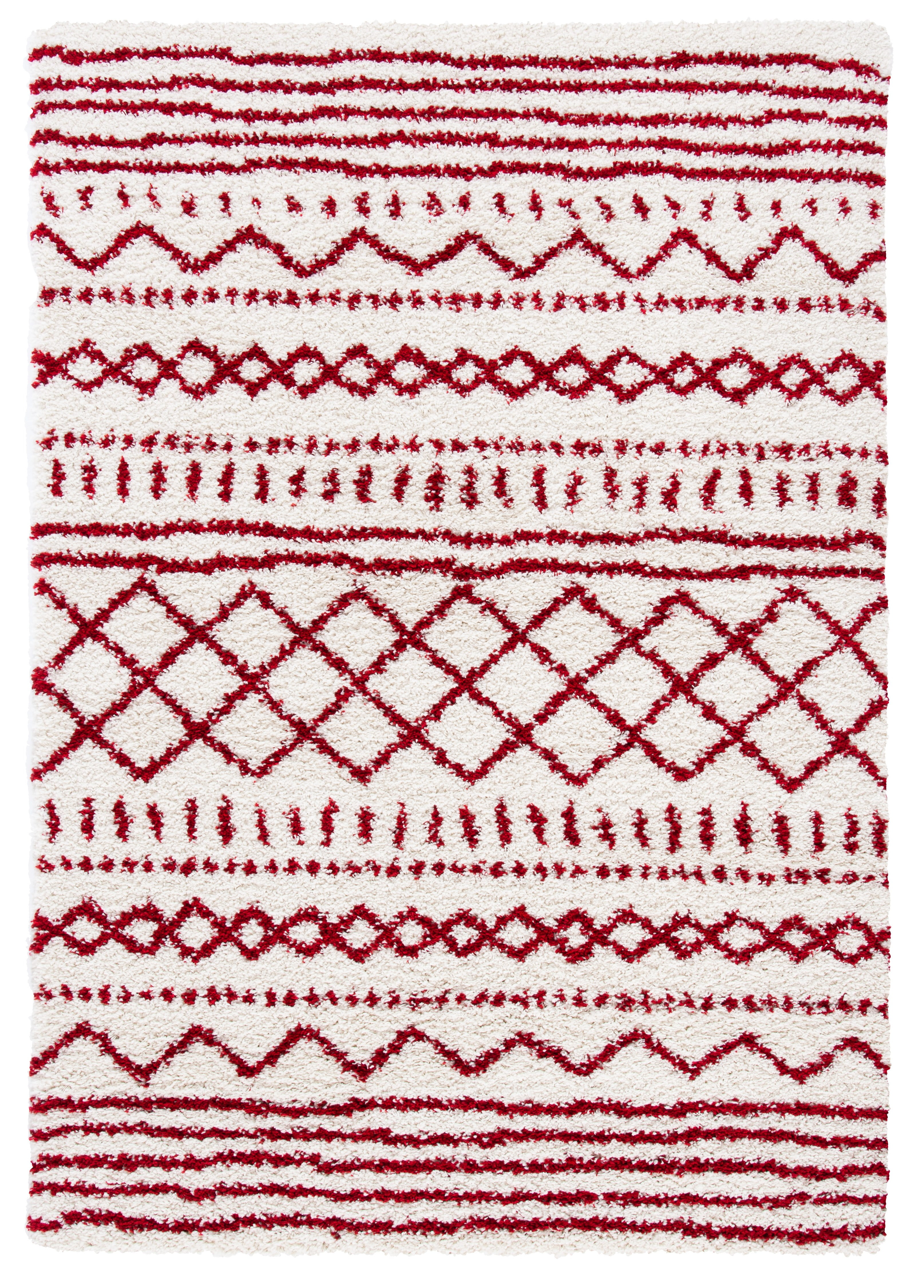 Ivory and Red Geometric Shag Area Rug 9' x 12'