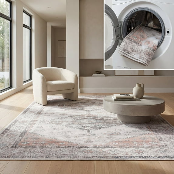 SAFAVIEH Arizona Shawn Medallion Machine Washable Area Rug, Beige/Taupe, 6' x 6' Square