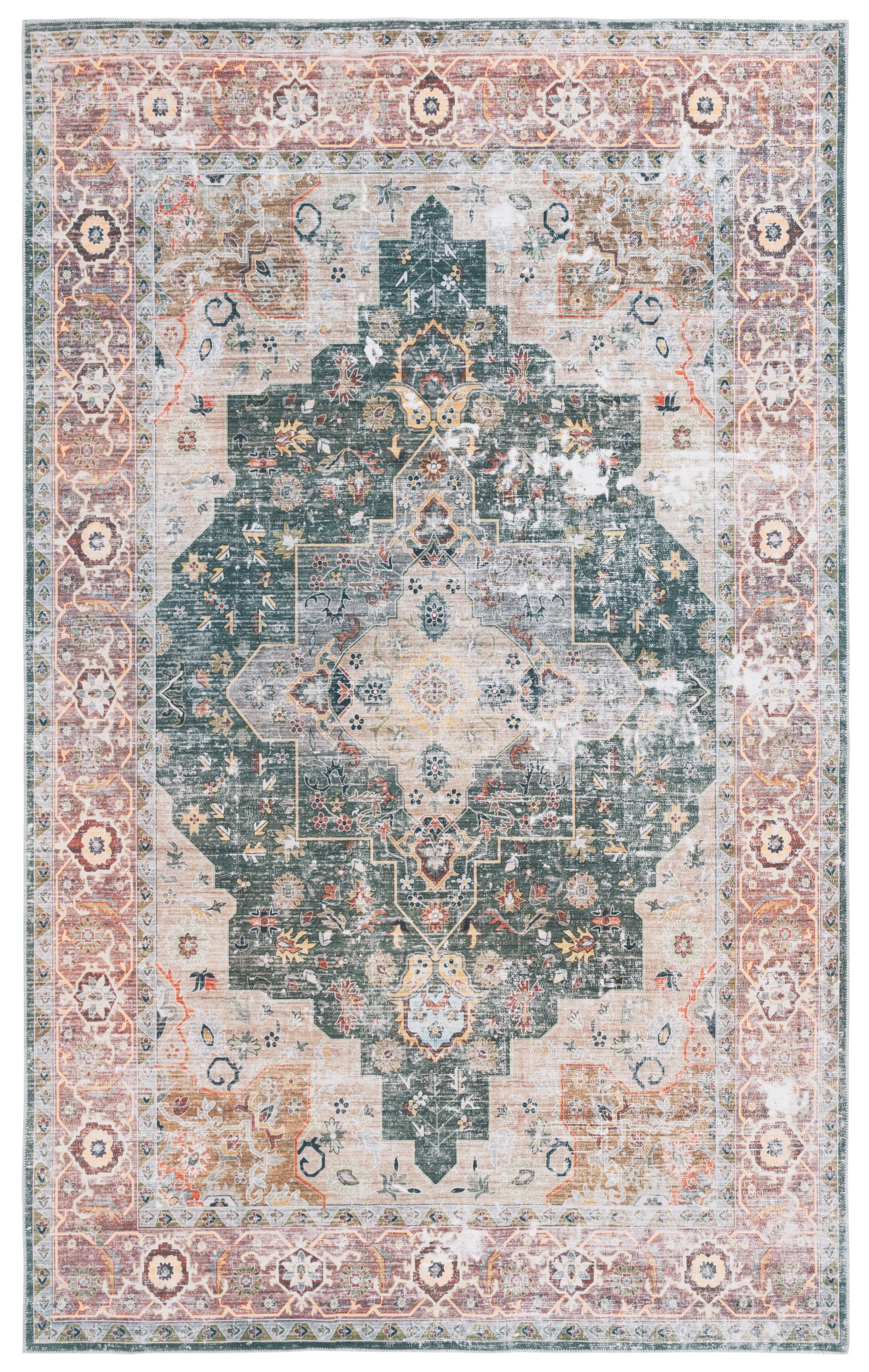 Arizona Green and Light Brown Synthetic Washable Oriental Area Rug