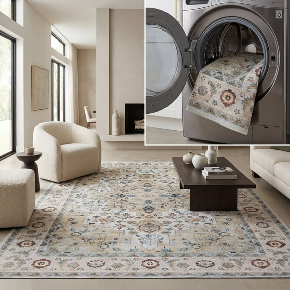 SAFAVIEH Arizona Shirley Oriental Machine Washable Area Rug, Light Green/Beige, 6' x 6' Square
