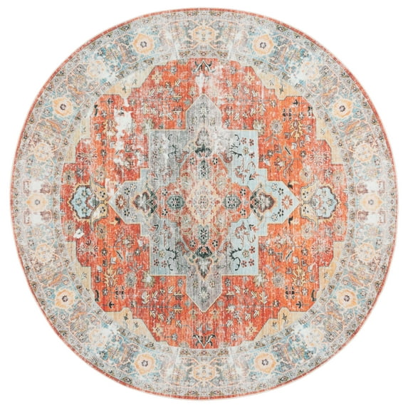 SAFAVIEH Arizona Shirley Oriental Machine Washable Area Rug, Rust/Aqua, 6' x 6' Round