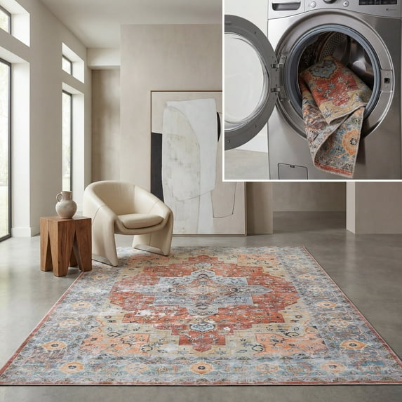 SAFAVIEH Arizona Shirley Oriental Machine Washable Area Rug, Rust/Aqua, 6' x 9'