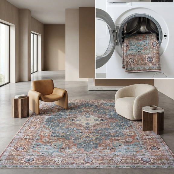 SAFAVIEH Arizona Shirley Oriental Machine Washable Area Rug, Rust/Blue Green, 3' x 5'