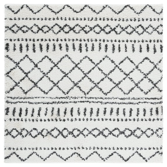 SAFAVIEH Arizona Teagan Geometric Shag Area Rug, Ivory/Black, 3'2" x 3'2" Square