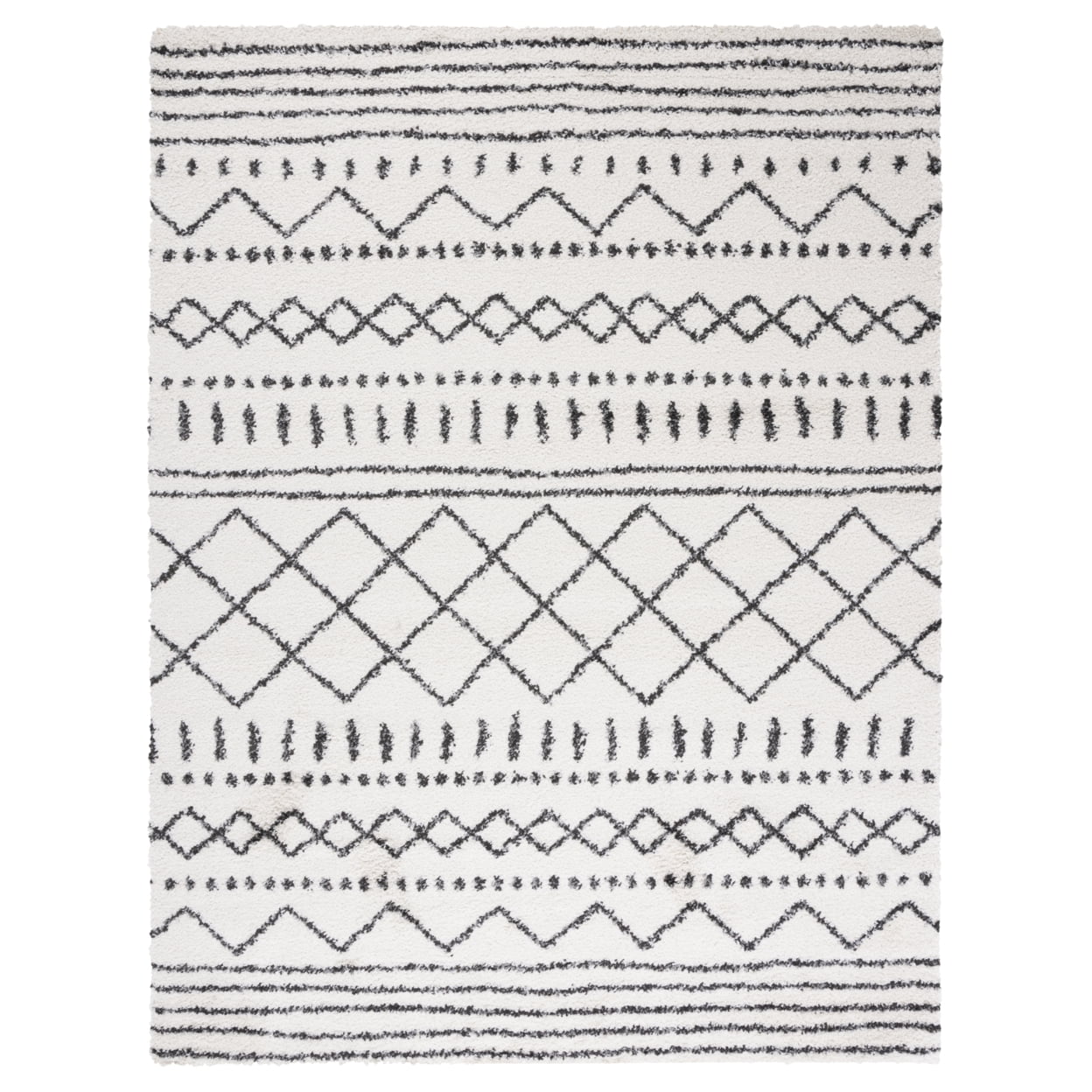 6' 7" Square Black and Ivory Geometric Shag Rug