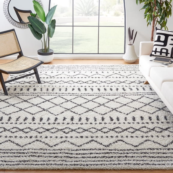 SAFAVIEH Arizona Teagan Geometric Shag Area Rug, Ivory/Black, 9' x 12'