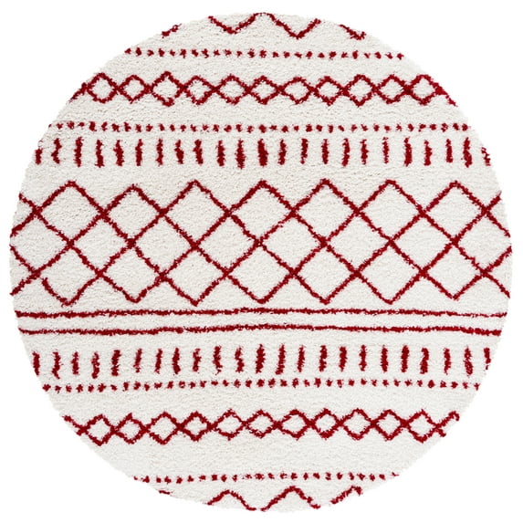 SAFAVIEH Arizona Teagan Geometric Shag Area Rug, Ivory/Red, 6'7" x 6'7" Round