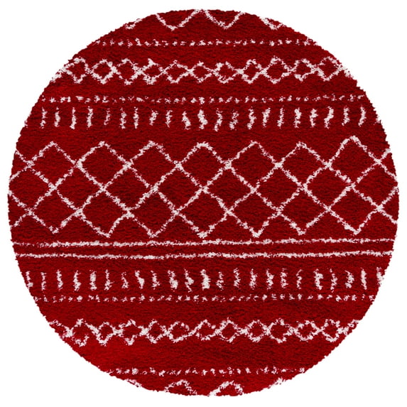 SAFAVIEH Arizona Teagan Geometric Shag Area Rug, Red/Ivory, 6'7" x 6'7" Round