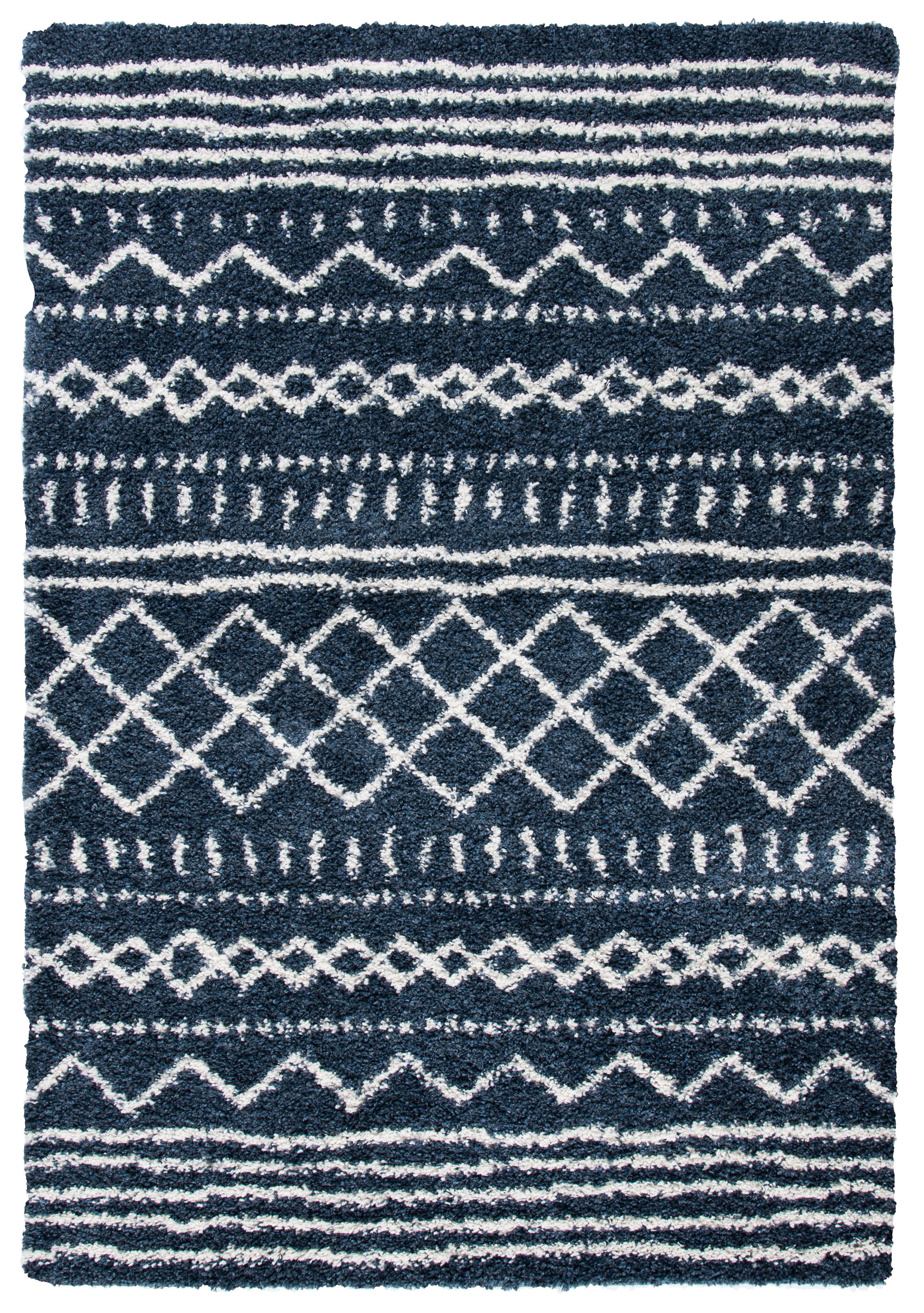 Slate Blue and Ivory Rectangular Geometric Shag Area Rug