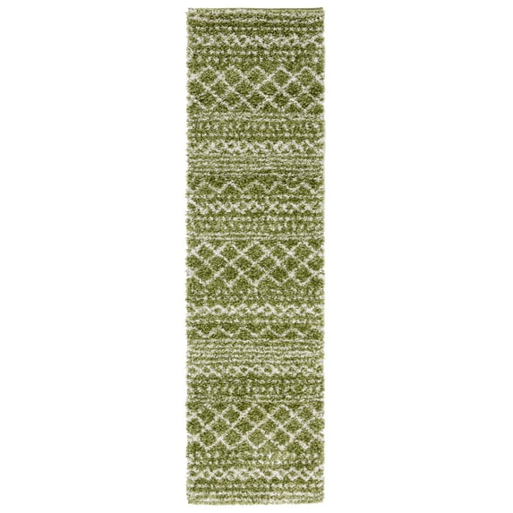 SAFAVIEH Arizona Teagan Geometric Shag Runner Rug, Green/Ivory, 2'3" x 12'