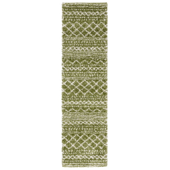 SAFAVIEH Arizona Teagan Geometric Shag Runner Rug, Green/Ivory, 2'3" x 6'
